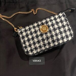 Versace Gold and Black Houndstooth Crossbody Bag